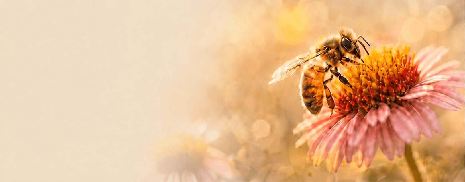 Bee on flower representing TrueHive natural energy honey products